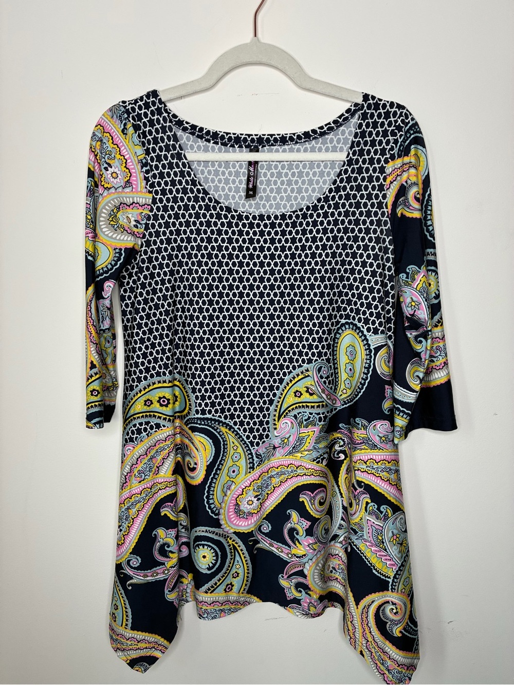 Boho, White Mark Black Paisley Scoop Neck Tunic Top with Yellow & Pink Accents